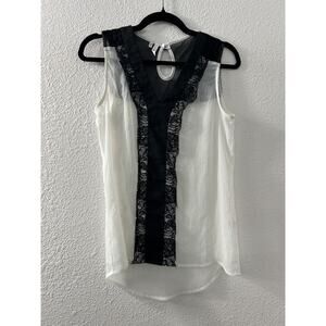 Studio Y White Semi-Sheer Black Lace‎ Sleeveless Tank Size Small Keyhole